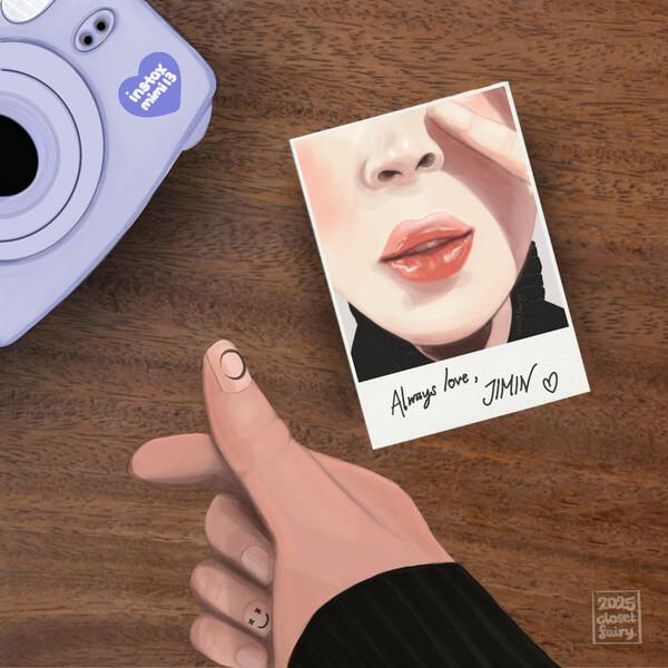 fan art showing a polaroid photo of bts' jimin taken close up showing his mouth, chin, and nose, as he does a peace sign. the polaroid sits on a table next to a lilac instax mimi 13 camera with a purple heart logo on it, and jimin's hand doing a finger hea