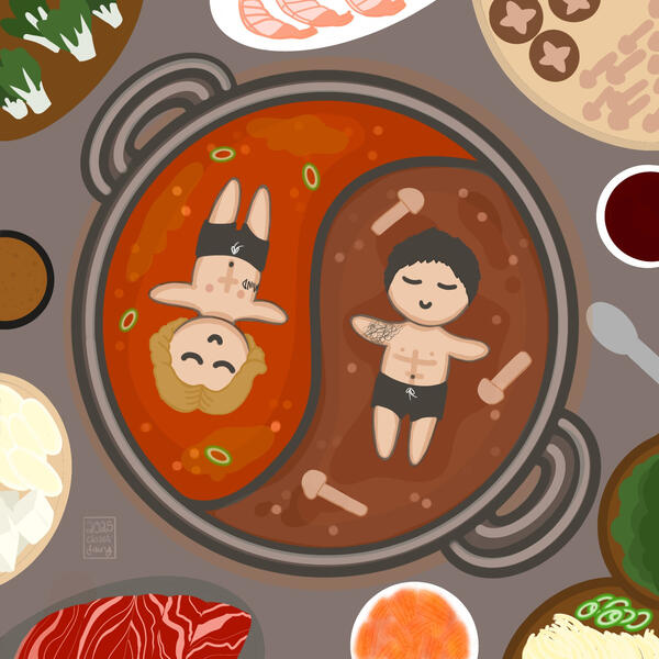 jikook in the soup (April 2025) chibi jimin and jungkook floating happily in a two flavour hot pot. jimin is blonde and jungkook has short black hair and they're wearing dark shorts with their tiny tattoos on display. jungkook's sleeve is made of squiggles, sorry jungkook it was too tiny