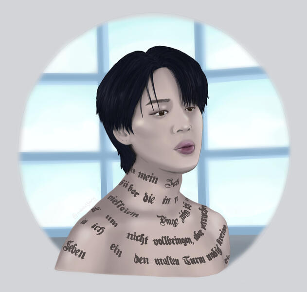 an illustration of slightly naked set me free part 2 jimin. jimin looks serious, watching back a scene shot for the set me free part 2 music video, shown chest-up with his jacket off, all of his painted-on German poetry on show.