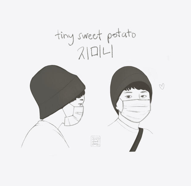 sweet potato jiminie (July 2025) a monochrome sketch of two views of jimin in his casual fit to watch the run seokjin ep tour concert in seoul, one profile view and one front-on. he is wearing a white face mask and his cute choppy bangs are peeking out from under his black beanie.