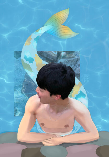Mermaid Jimin a photo tae posted of jimin in a pool in LA, except I've made him into a merman. jimin leans on some rocks at the edge of the pool, his tail seen beneath the water, with a kind of blue and yellow calico-style pattern and a blue to yellow ombre tail.