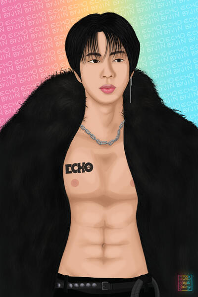 Echo Jin 🩷💛💙 (June 2025) an Echo album themed fanart of Jin of BTS. Jin wears a big fluffy black coat open to show his chest with the Echo logo tattooed on his right pec. he wears a chain necklace, one dangly earring, and black pants low on his hips with a studded belt and a coile