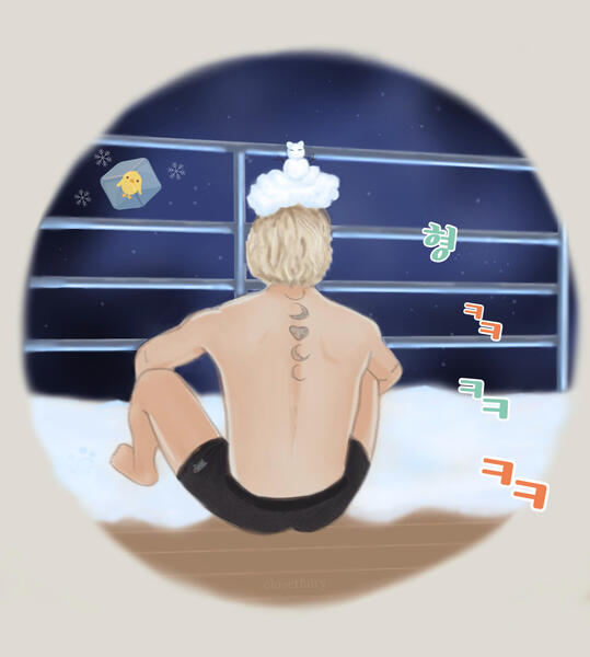a fanart illustration of jimin from are you sure?! (2024) of their time in Sapporo, Japan. a blonde jimin sits on the snowy deck on the balcony facing away with his arms resting on his knees and his little feet in the snow, cooling down after being in a to