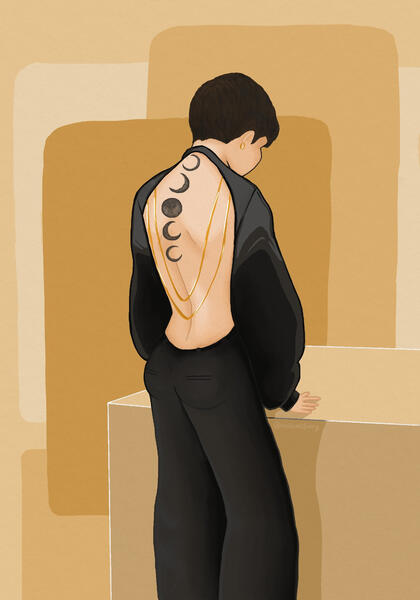 an illustration of a very round (headed, cheeked, other cheeked) jimin wearing black pants and a black backless top, showing off the pretty moon tattoos running down his spine. thin gold chains hang down the back of the shirt, falling to the small of his b