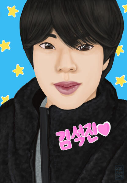 A soft Seokjinnie 💖 (March 2025) fanart of kim seokjin of bts. he's wearing a fluffy black jacket and his black hair looks silky. he's smiling softly with shiny eyes with sparkles in them. kim seokjin is written in Korean in pink bubble letters with a heart, on his jacket where a name bad