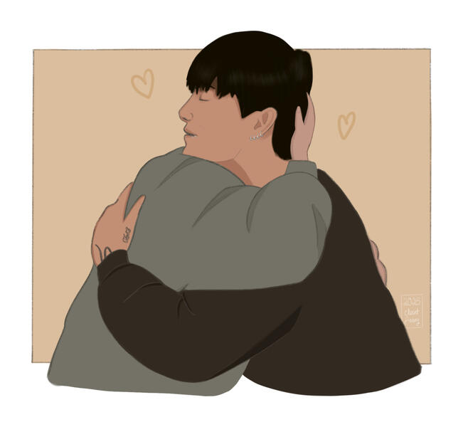 fan art of jimin and jungkook hugging during their 14th July 2025 weverse live. they both wear dark long sleeved sweaters. jimin cups the back of jungkook's neck, ruffling his hair a little. there are two small hearts floating in the air.