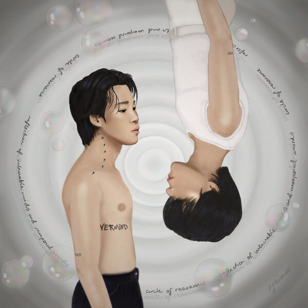 My entry for the favourite FACE of Jimin contest. This took me five days 🫠🥲 (March 2023) fan art depicting two jimins facing each other in the centre of the image, reflected and the opposite way up from each other. the left jimin is shirtless, with black pants, his black hair pushed back from his forehead with a lip ring and small metal thorns