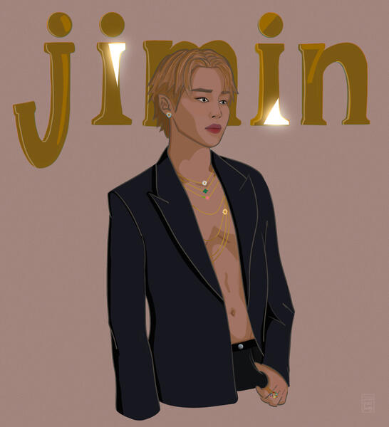 fan art of jimin wearing his 2025 dior fashion show fit with a black jacket open to show off his toned tummy and chest, and his blonde hair styled prettily. he's wearing several rings and necklaces with small flower details. I gave him elf ears because he'