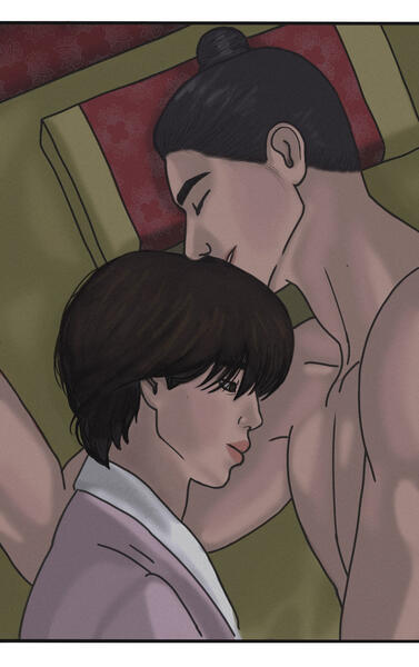 a lord and his painter 🌸 (November 2024) jikook fanart inspired by painter of the night. jimin lies with his head on jungkook's arm while jungkook sleeps, resting after being injured.