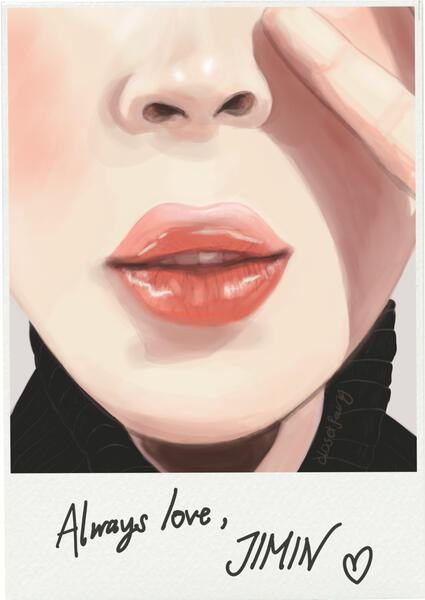 fan art of a polaroid of a close up of bts' jimin, showing just his mouth, chin, nose as he does a peace sign. the text written under the polaroid reads: Always love, JIMIN with a heart.