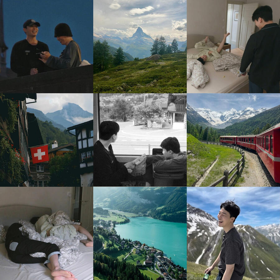 a year, a month, a day MB a moodboard featuring Jimin and Jungkook during Are You Sure?! season 2. Images show them laughing together, sleeping in the same position in bed, looking out of a train window. Other images show a red train going through a lush green, mountainous landscap