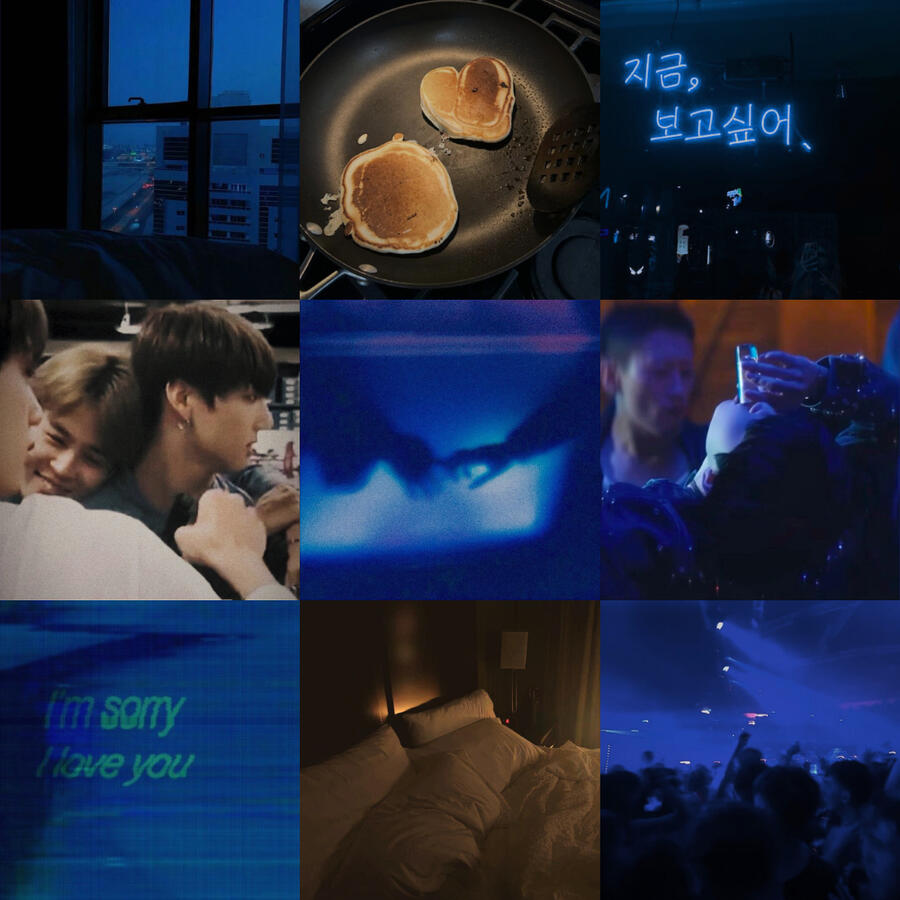 a 3x3 grid moodboard with a blue theme. there is an image of pancakes in a pan, a blue neon sign, Jimin throwing back a shot at a club, hands reaching out for each other, Jimin back hugging Jungkook, and text that reads "I'm sorry I love you".